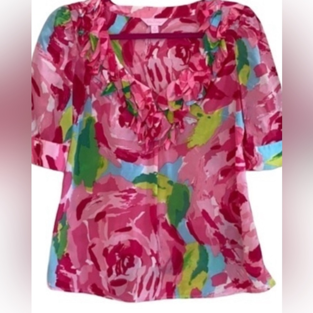 Lilly Pulitzer silk hotty pink first impressions pink roses blouse HPFI size XS